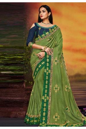 Green satin saree with blouse 2104
