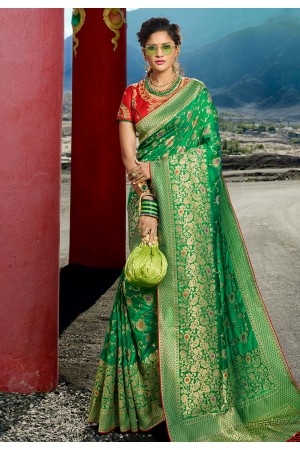 Green silk embroidered festival wear saree 13269