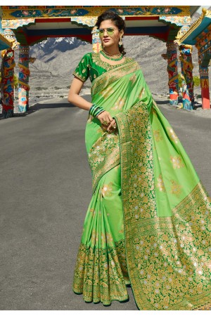Green silk embroidered festival wear saree 13275
