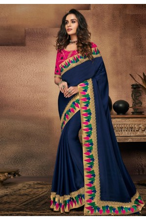 Navy blue satin saree with blouse 10707