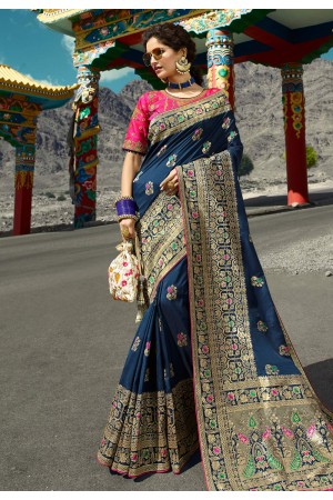 Navy blue silk embroidered saree with blouse 13276