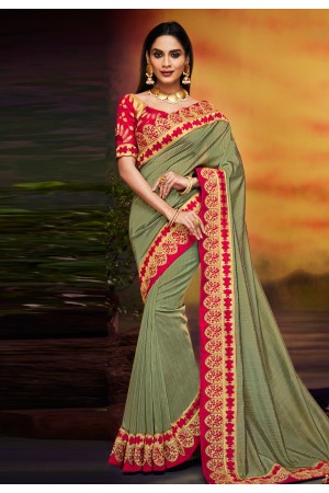 Olive green satin party wear saree 2109