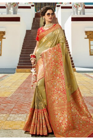 Olive green silk embroidered saree with blouse 13270