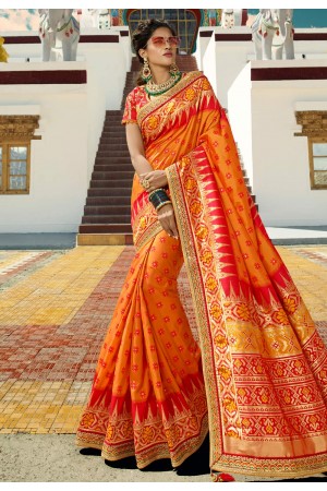 Orange silk embroidered festival wear saree 13265