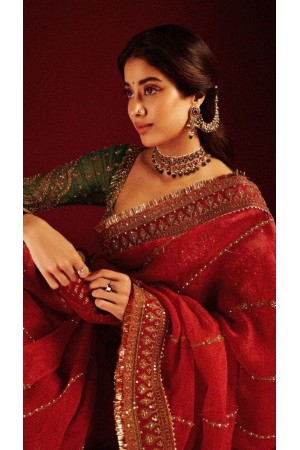 Bollywood Janhvi Kapoor Inspired organza silk red bridal saree