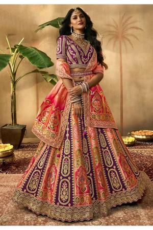 Peach and purple banarasi silk bridal lehenga choli 10277
