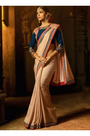 Beige blue fancy fabric embroidered work classic saree 74109