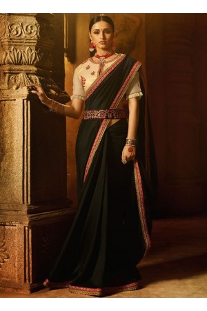 Black art silk patch border work designer traditional saree 74108