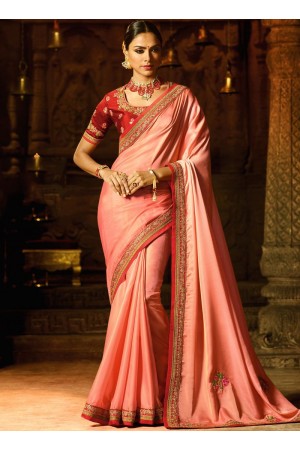 Peach red border work classic saree 74107