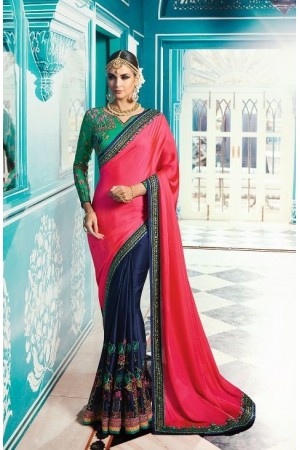 Pink green blue crepe silk wedding saree 7909