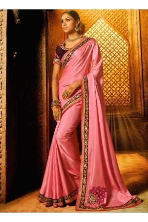 Pink satin silk classic designer saree 74116