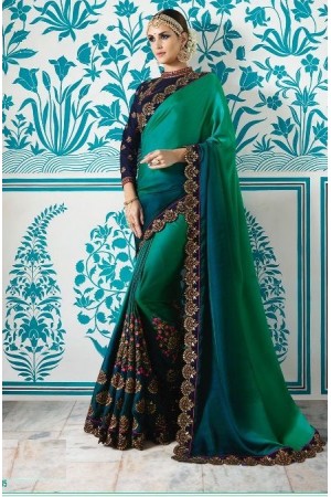 Teal green blue crepe silk wedding saree 7905