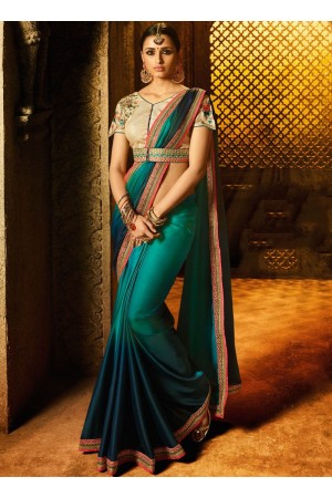 Teal green gold fancy fabric blue and green shaded saree 74115