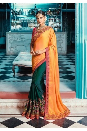 Yellow green pink color crepe silk wedding saree 7910