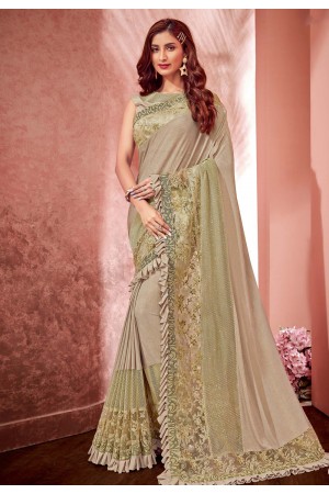 Beige lycra ruffle border saree with blouse 10810