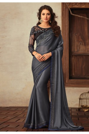 Dark gray georgette saree with blouse V3911