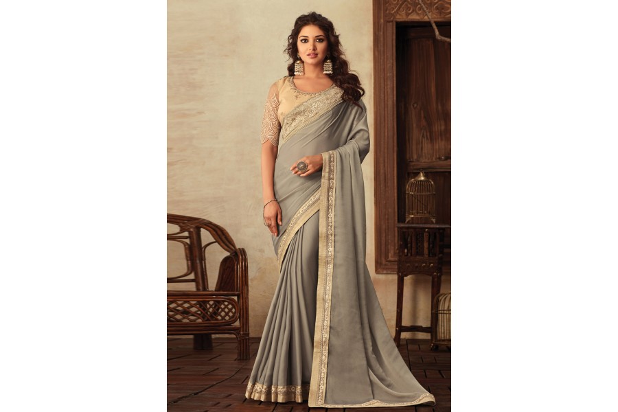Lovely Grey Georgette Silk Embroidered Wedding Party Wear Saree main image 1