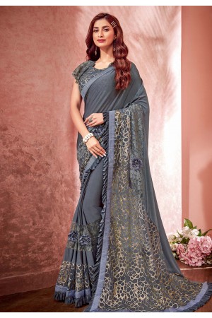 Gray lycra raffle border party wear saree 10805