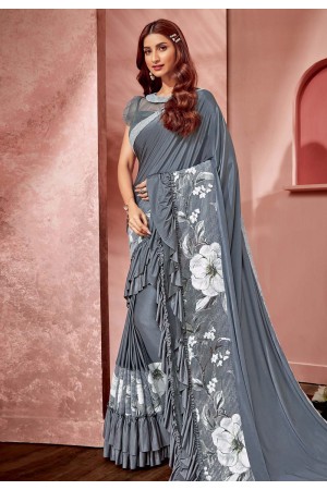 Gray lycra ruffle border saree with blouse 10812