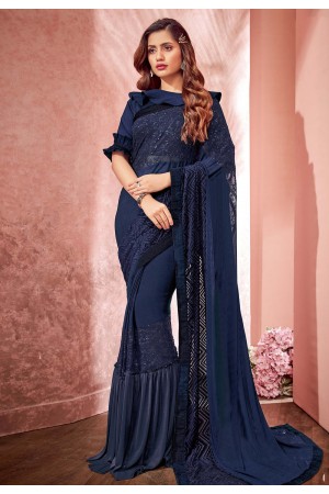 Navy blue lycra designer party wear saree 10804