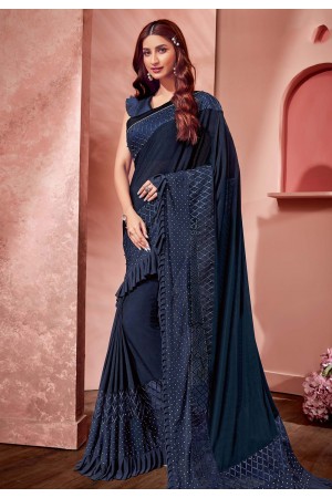 Navy blue lycra ruffle border party wear saree 10814