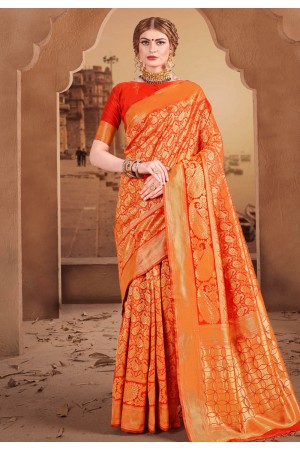 Orange banarasi festival wear saree 60849