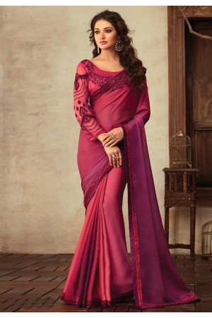 Pink chiffon saree with blouse V3904