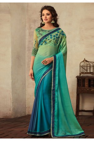 Sea green chiffon saree with blouse V3902