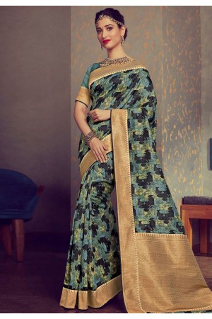 Tamannaah bhatia aqua crepe printed festival wear saree 65932