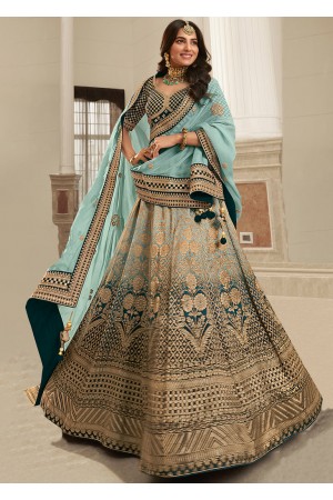 Woven Jacquard silk lehenga choli in Sky blue and Teal Green color