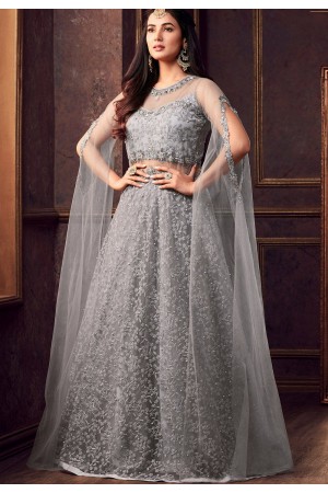 Sonal Chauhan Grey color net wedding anarkali