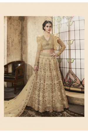 beige net embroidered lehenga choli with frilled 28001