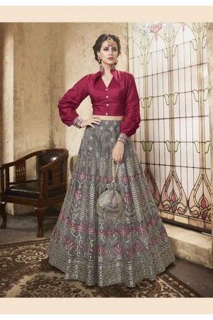 gray net lehenga and maroon top with balloon full sleeve 28002