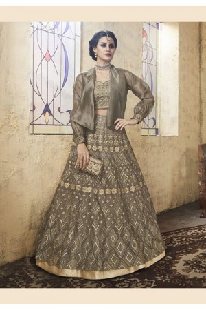 gray net lehenga choli with short jacket full balloon sleeve 28006