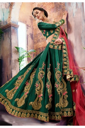 green satin embroidered lehenga choli 4004