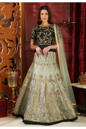 light green silk lehenga and dark green peplum 1047