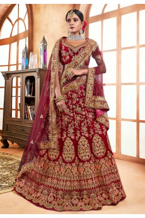 maroon velvet bridal lehenga choli 3001