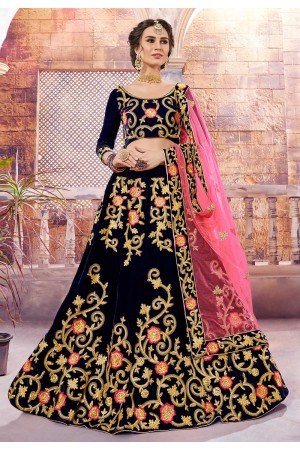 navy blue velvet circular lehenga choli 4007