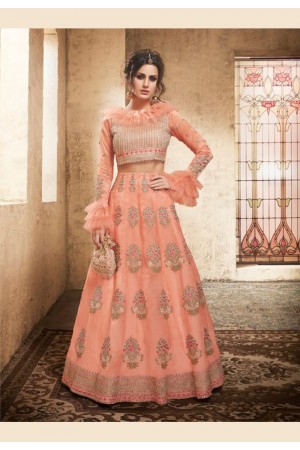 peach net lehenga choli with frilled neckline and sleeve 28005