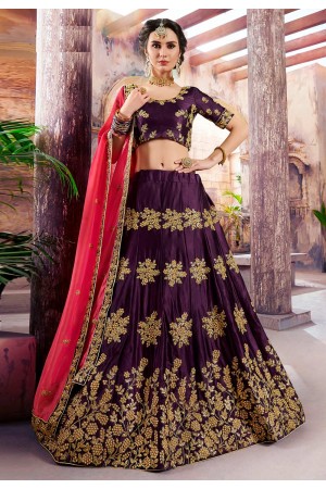 purple satin embroidered lehenga choli 4002