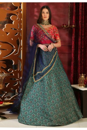 turquoise jacquard lehenga and red choli 1048