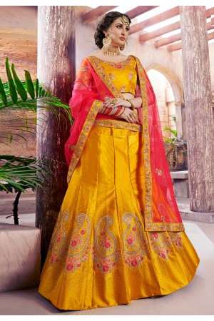 yellow satin circular lehenga choli 4003