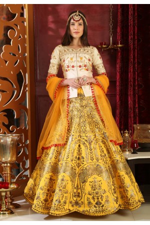 yellow silk lehenga and white peplum 1049