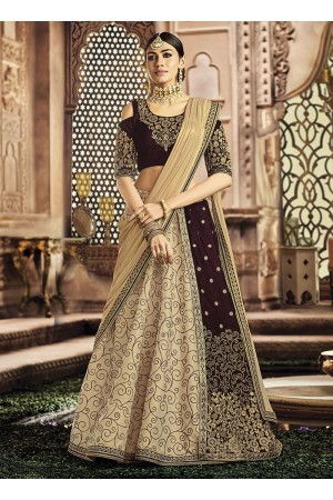 Cream and maroon velvet wedding lehenga