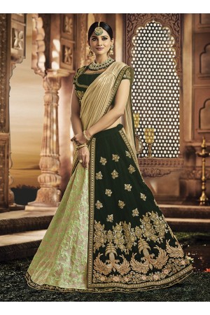 Dark green and green jacquard silk wedding lehenga