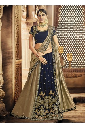 Brown and Navy blue color dhupion wedding lehenga