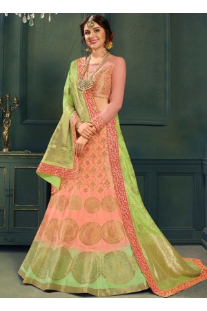 Peach color silk Indian wedding lehenga choli 609