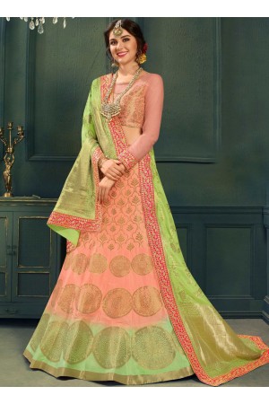 Peach color silk Indian wedding lehenga choli 609
