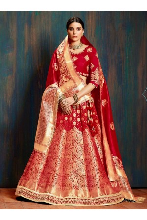 Red pure banarasi silk Indian wedding lehenga choli 62005