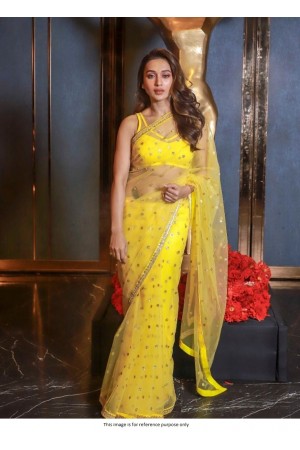 Bollywood model Yellow Net sequins saree
